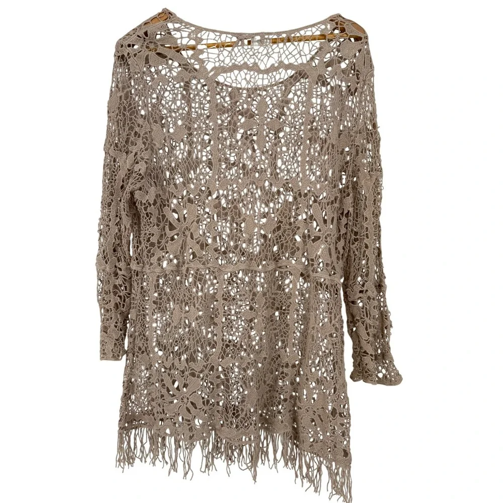 Cato Crochet Knit Shawl Scarf Oatmeal Beige Fringe Coastal Grandmother Boho Chic
